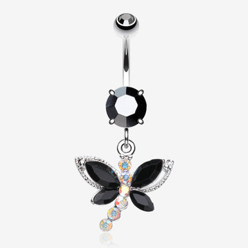 Dragonfly Glam Belly Ring-Black/Aurora Borealis